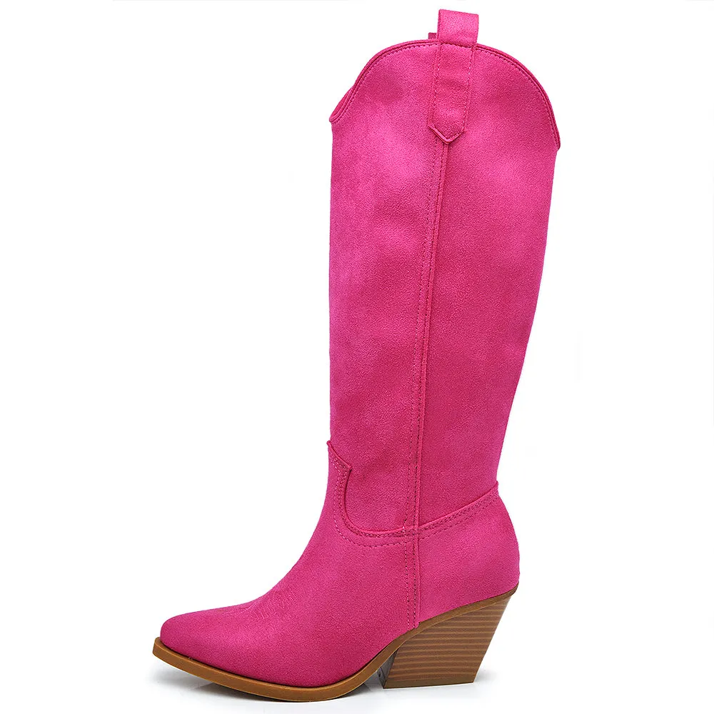 Stivali Alti Camperos Texani A Punta Ginocchio Western Camoscio Da Donna LY80-4