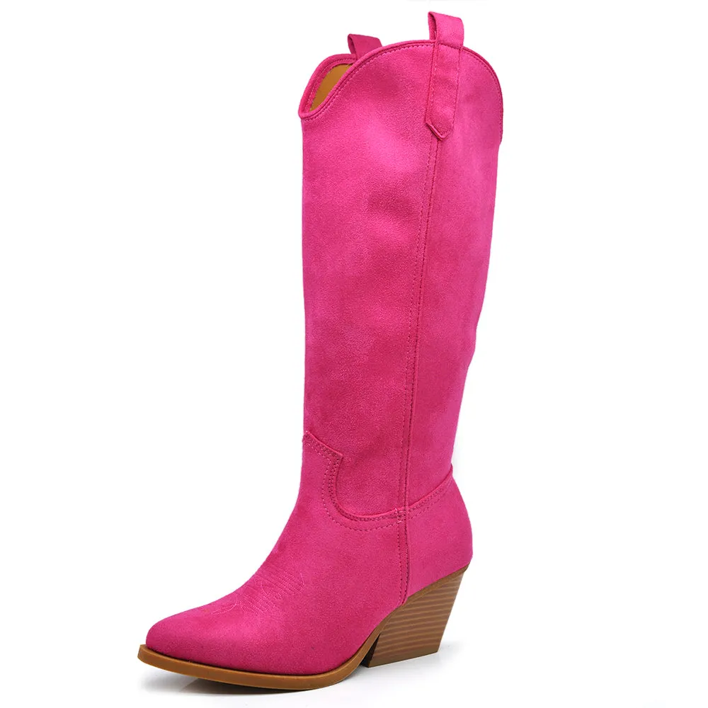 Stivali Alti Camperos Texani A Punta Ginocchio Western Camoscio Da Donna LY80-4