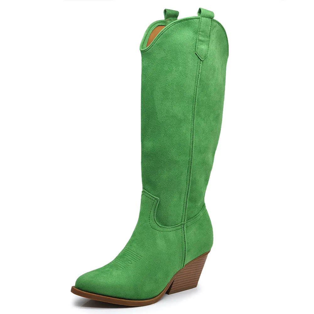Stivali Alti Camperos Texani A Punta Ginocchio Western Camoscio Da Donna LY80-4