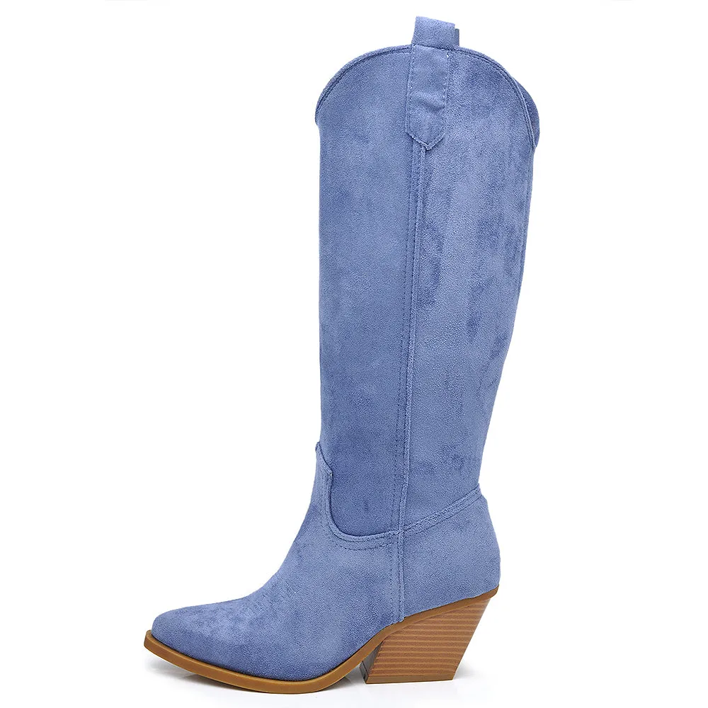 Stivali Alti Camperos Texani A Punta Ginocchio Western Camoscio Da Donna LY80-4