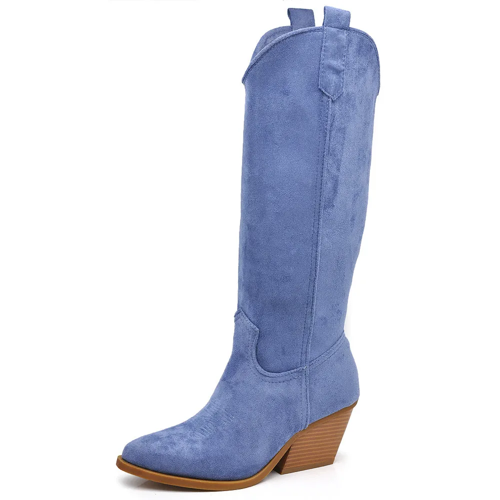 Stivali Alti Camperos Texani A Punta Ginocchio Western Camoscio Da Donna LY80-4