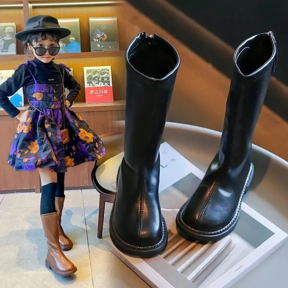 Stivali alti da ragazza 2024 autunno primavera stile Pu scarpe da principessa in pelle moda per bambini semplici stivali lunghi