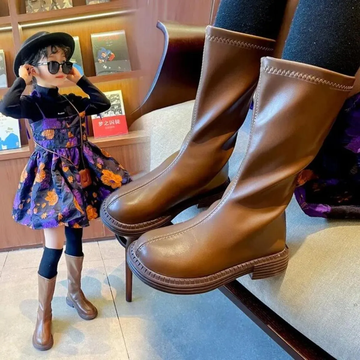 Stivali alti da ragazza 2024 autunno primavera stile Pu scarpe da principessa in pelle moda per bambini semplici stivali lunghi