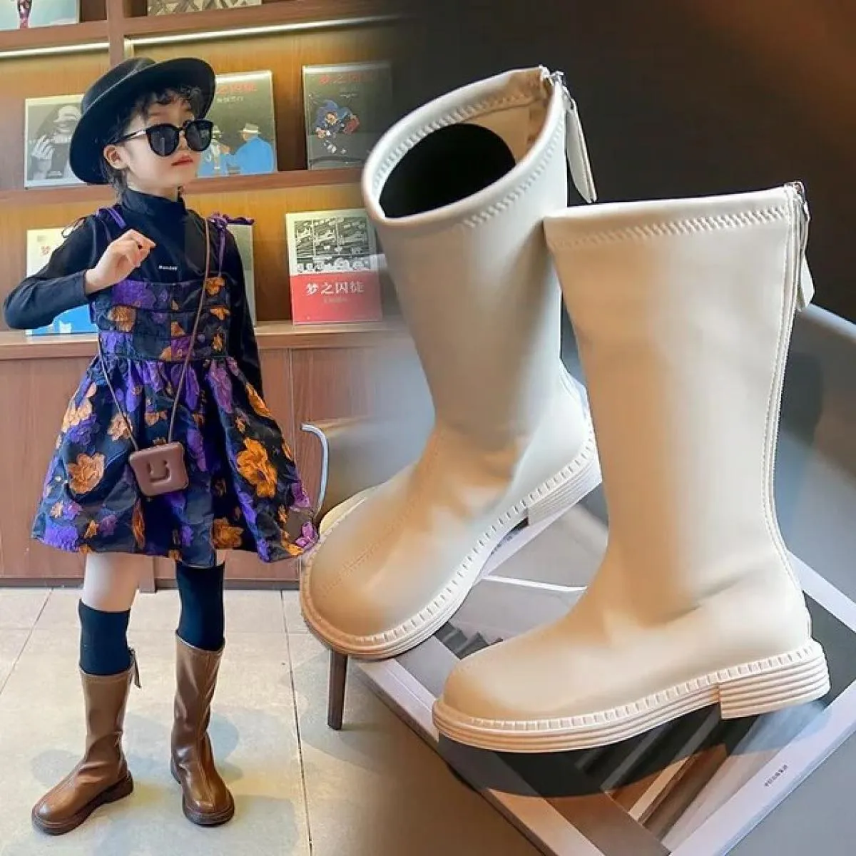 Stivali alti da ragazza 2024 autunno primavera stile Pu scarpe da principessa in pelle moda per bambini semplici stivali lunghi