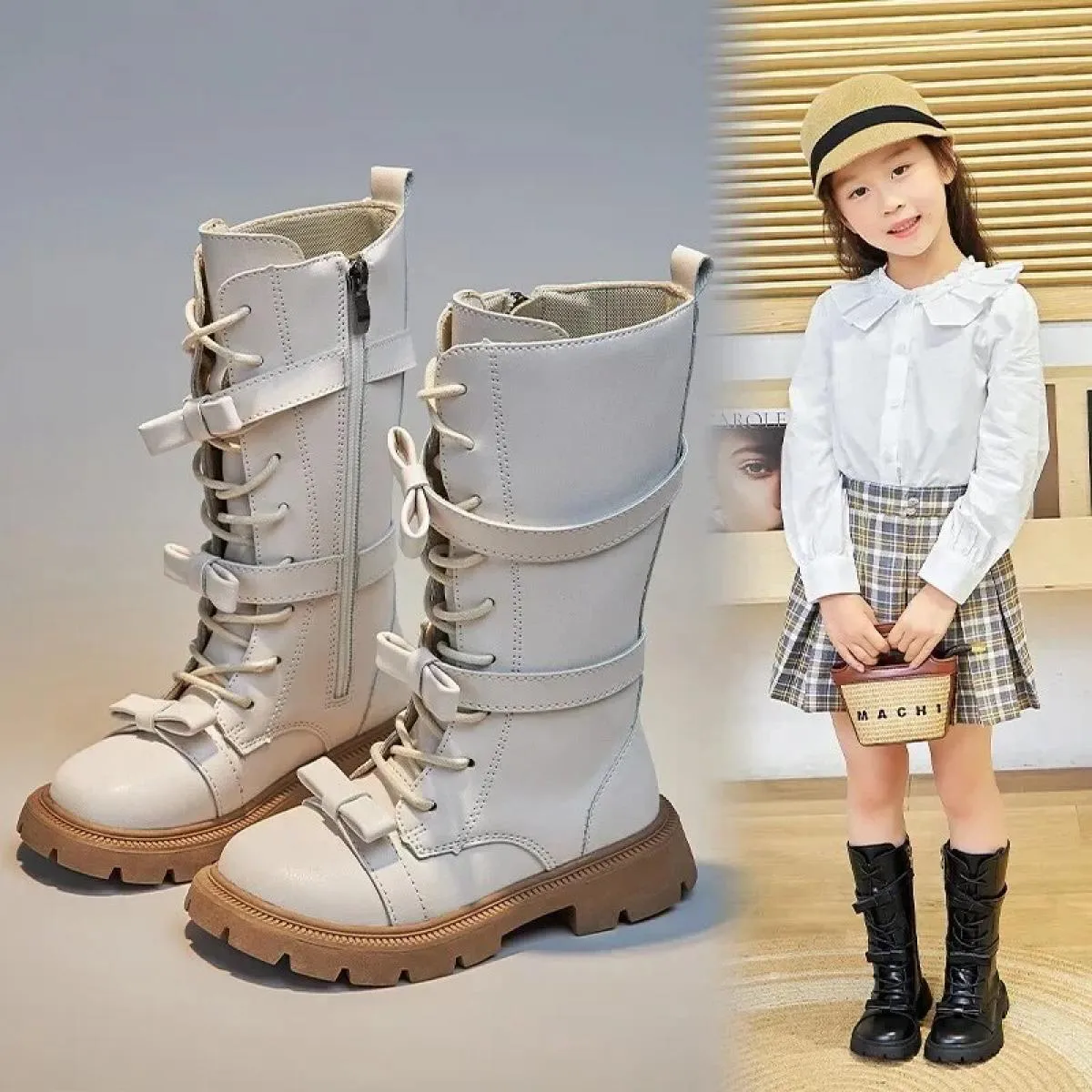 Stivali alti per ragazze nuovi stivali lunghi per bambini stile invernale 2024 per passerella per bambini Bowknot stivale in tin