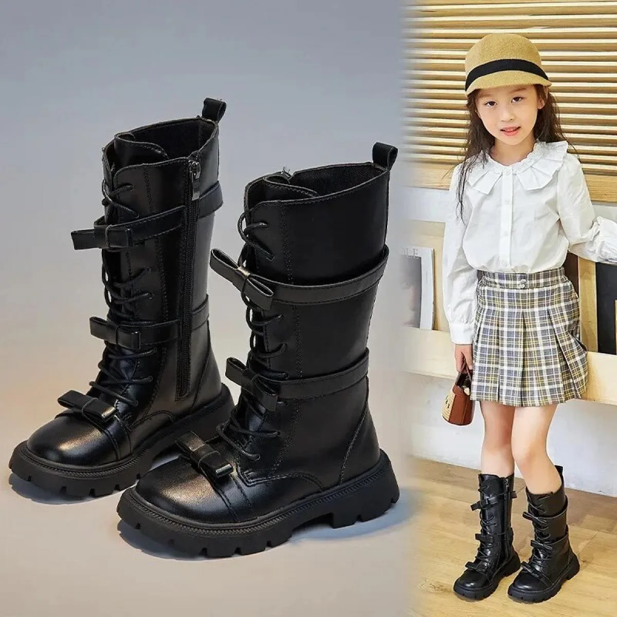 Stivali alti per ragazze nuovi stivali lunghi per bambini stile invernale 2024 per passerella per bambini Bowknot stivale in tin