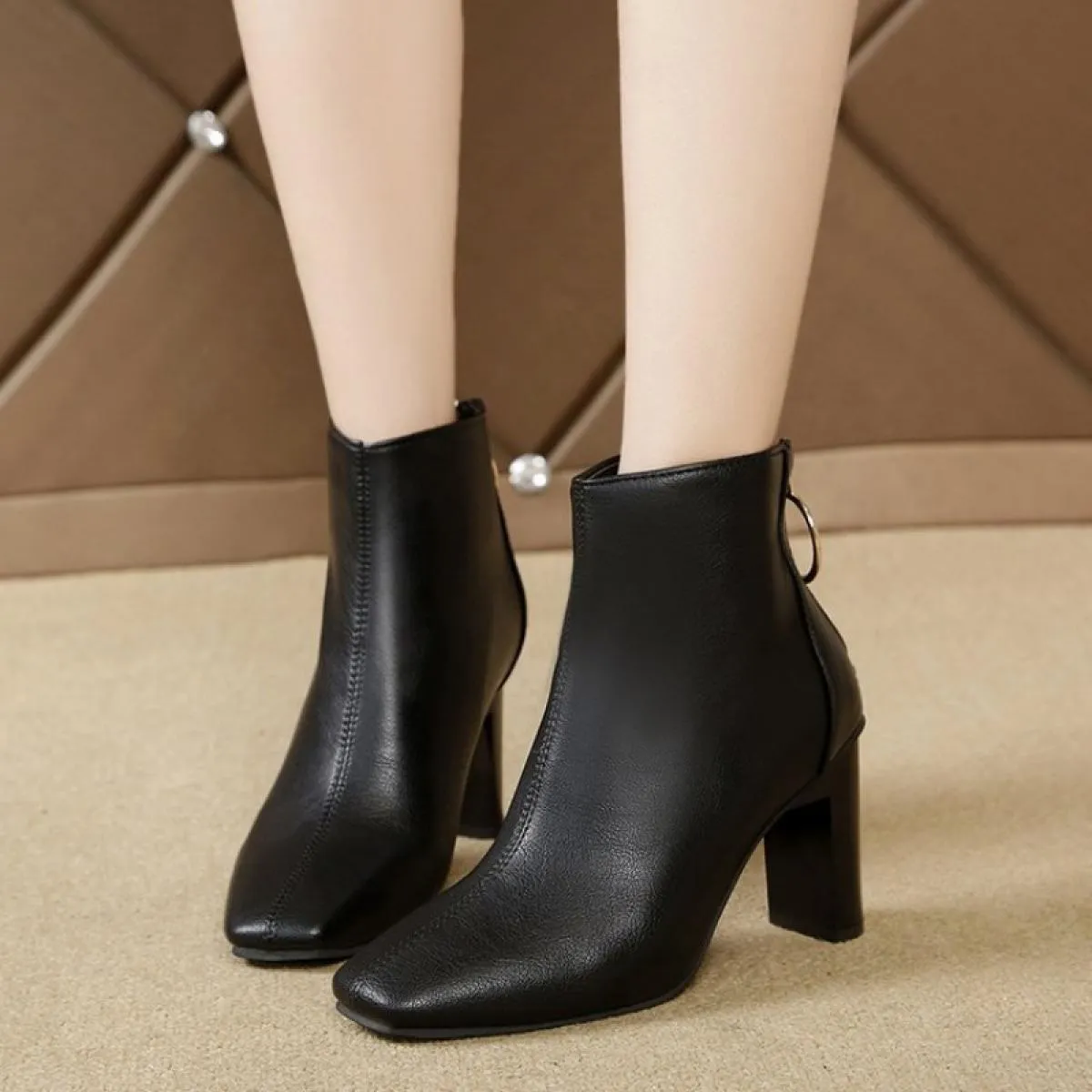 Stivali corti moda autunno inverno donna tinta unita punta quadrata tacchi alti stivali tinta unita semplici casual tacco alto S