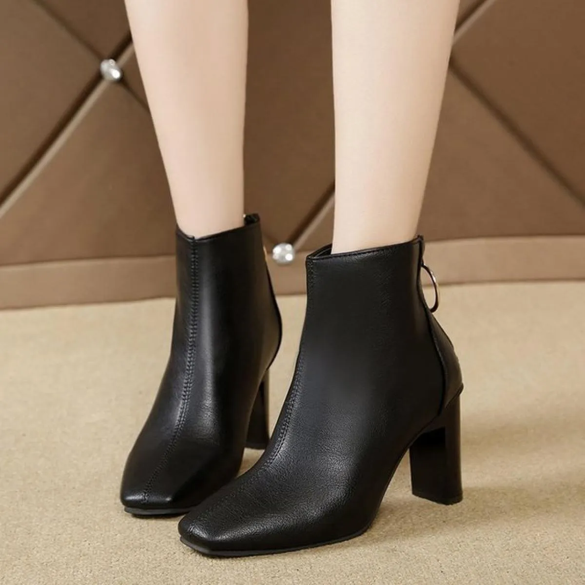 Stivali corti moda autunno inverno donna tinta unita punta quadrata tacchi alti stivali tinta unita semplici casual tacco alto S