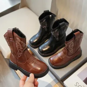 Stivali da cowboy per ragazze ricamati Stivali in pelle PU Punta tonda Zip Stivali a metà polpaccio per bambini 2024 Stivali da