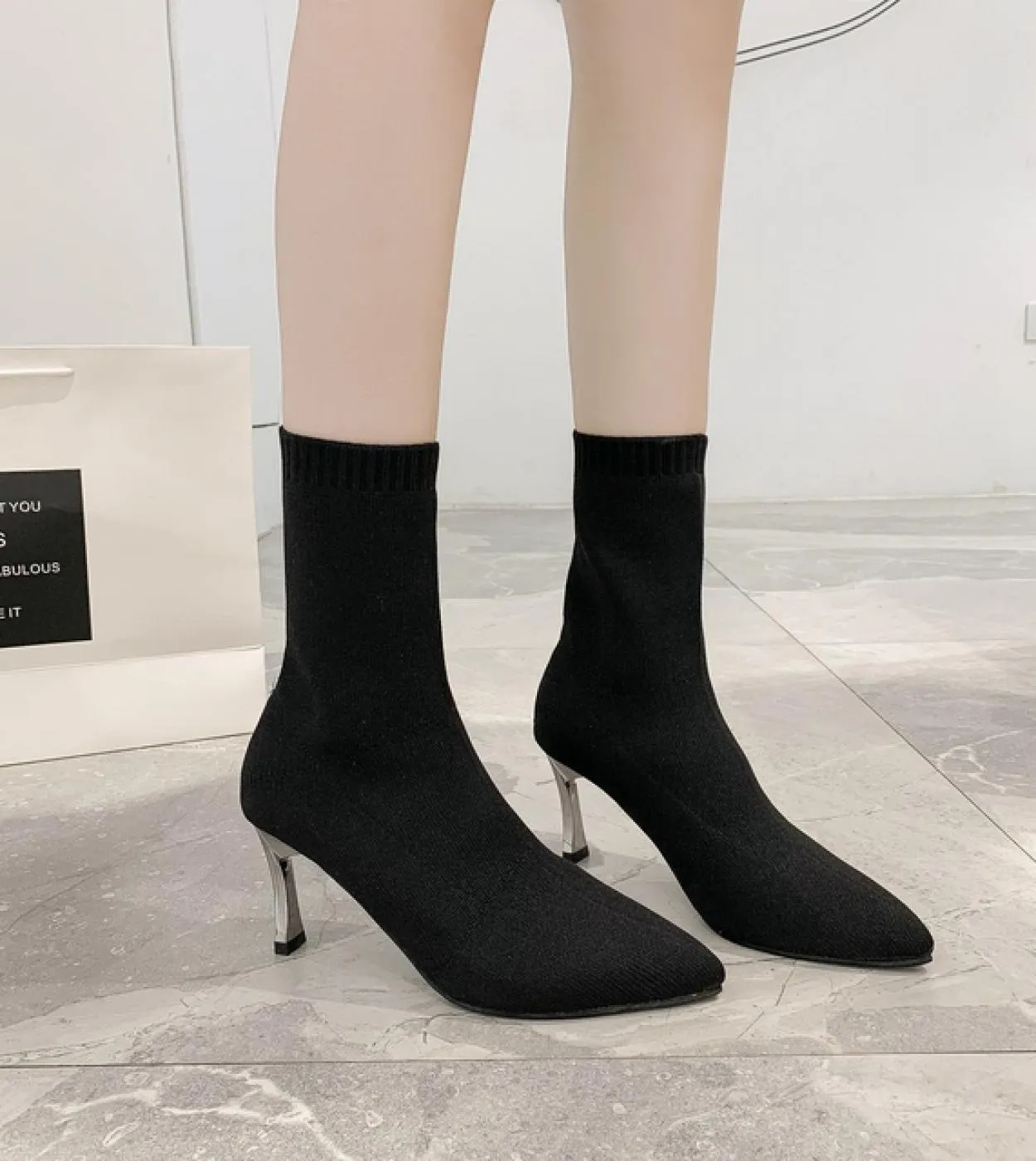 Stivali da donna Autunno Inverno Tessuto elasticizzato Calzino Stivali a metà polpaccio Donna Scarpe con tacchi alti sottili Déc
