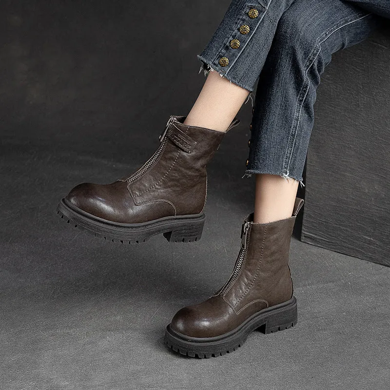 Stivali da donna in pelle con cerniera con carattere casual retrò