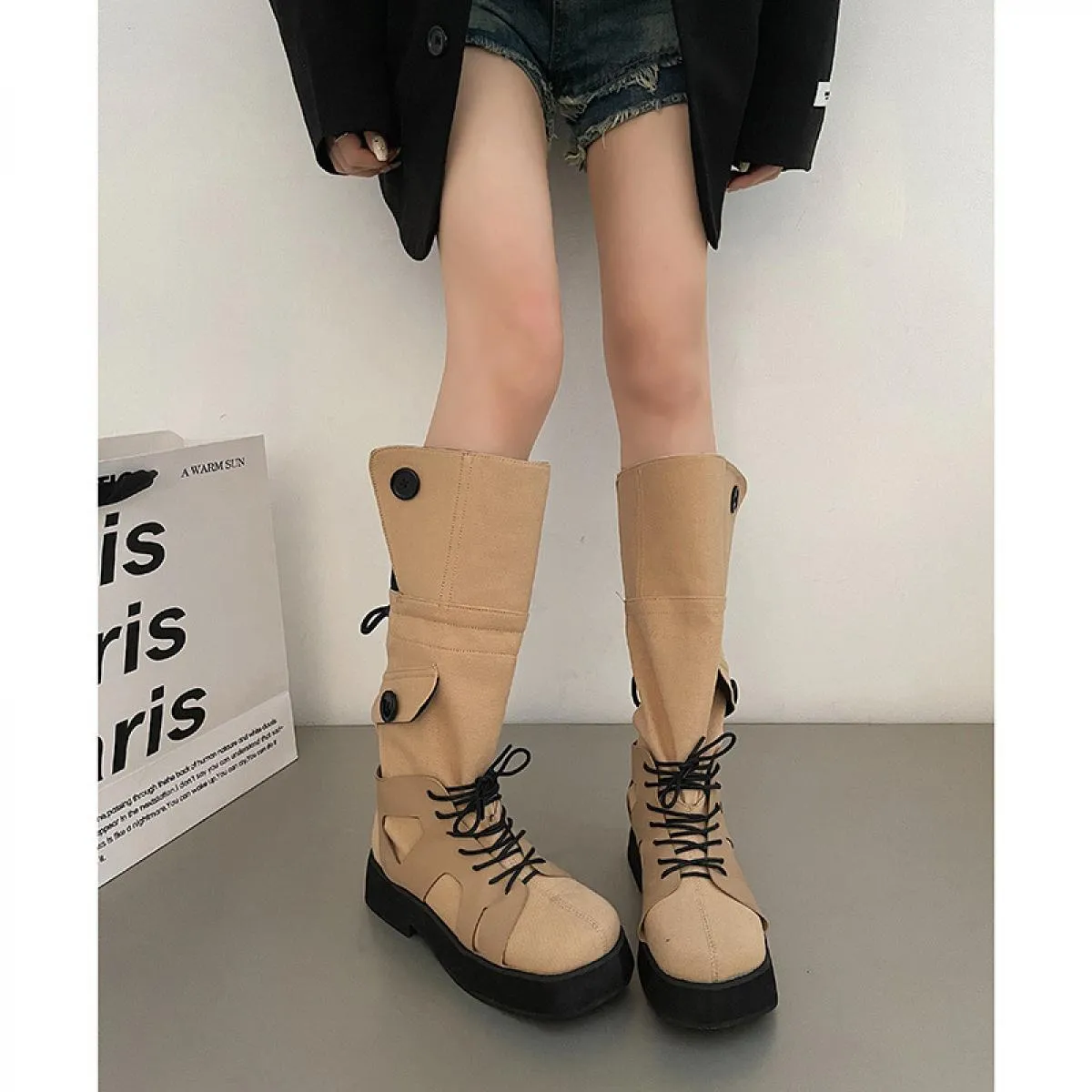 Stivali da donna Tacco grosso Piattaforma a contrasto di colore Bottoni stringati Stivali alti al ginocchio in tela con vestibil