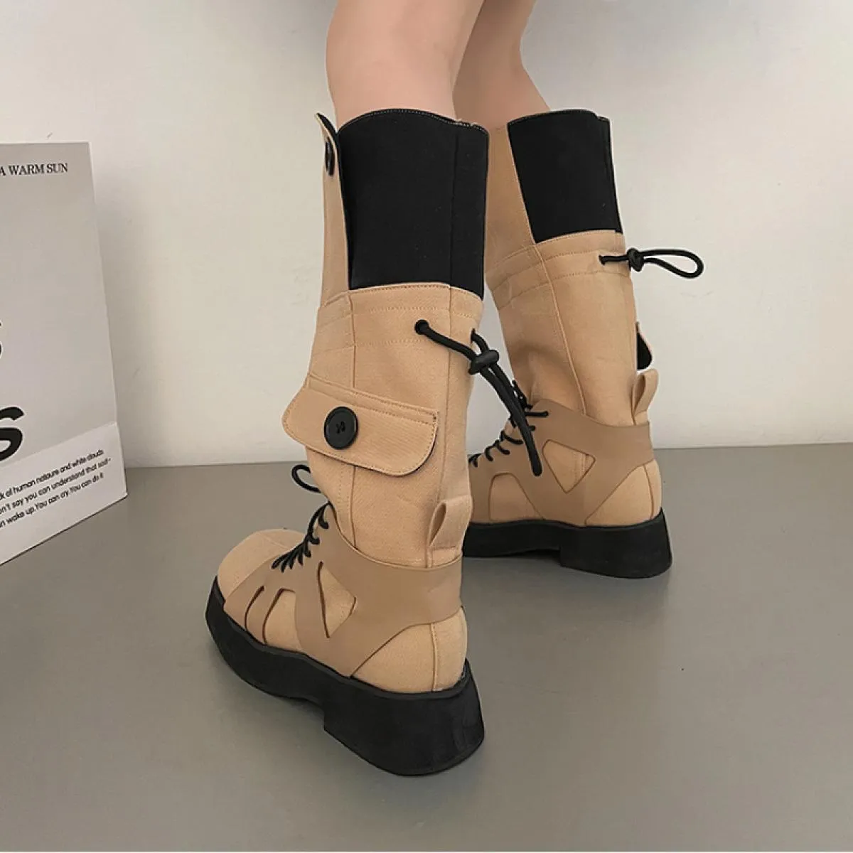 Stivali da donna Tacco grosso Piattaforma a contrasto di colore Bottoni stringati Stivali alti al ginocchio in tela con vestibil