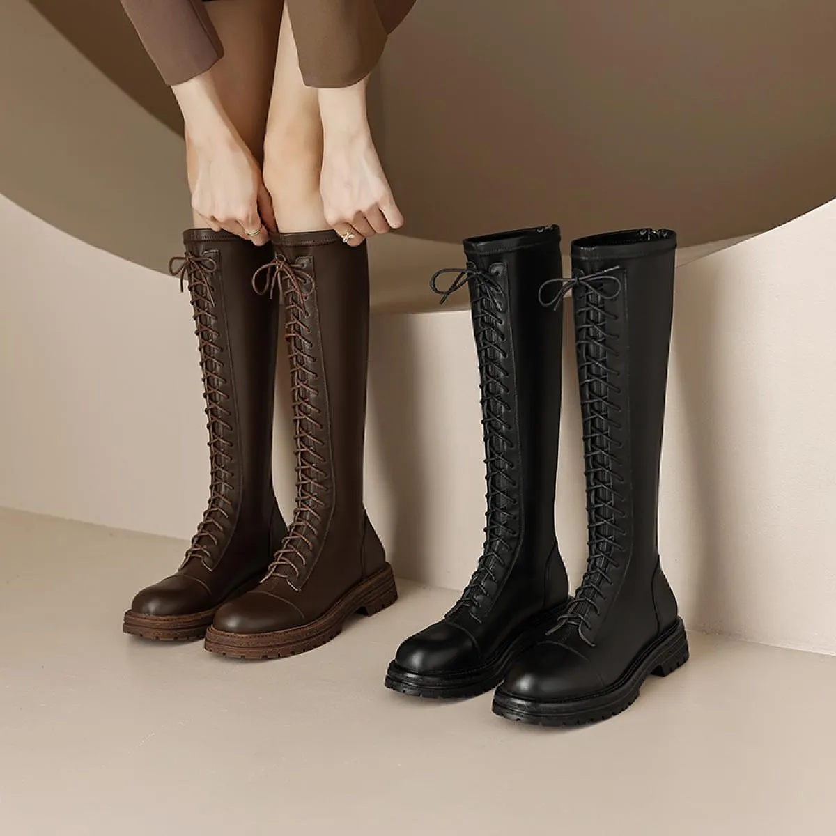 Stivali da moto in vera pelle Autunno Inverno Donna Stivali alti al ginocchio Piattaforme stringate moda Scarpe casual con tacco