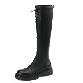 Stivali da moto in vera pelle Autunno Inverno Donna Stivali alti al ginocchio Piattaforme stringate moda Scarpe casual con tacco