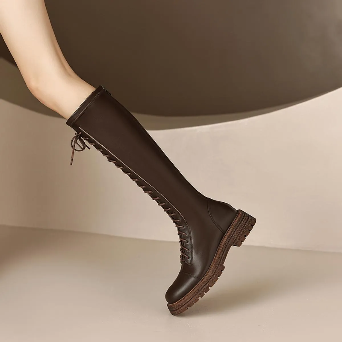 Stivali da moto in vera pelle Autunno Inverno Donna Stivali alti al ginocchio Piattaforme stringate moda Scarpe casual con tacco