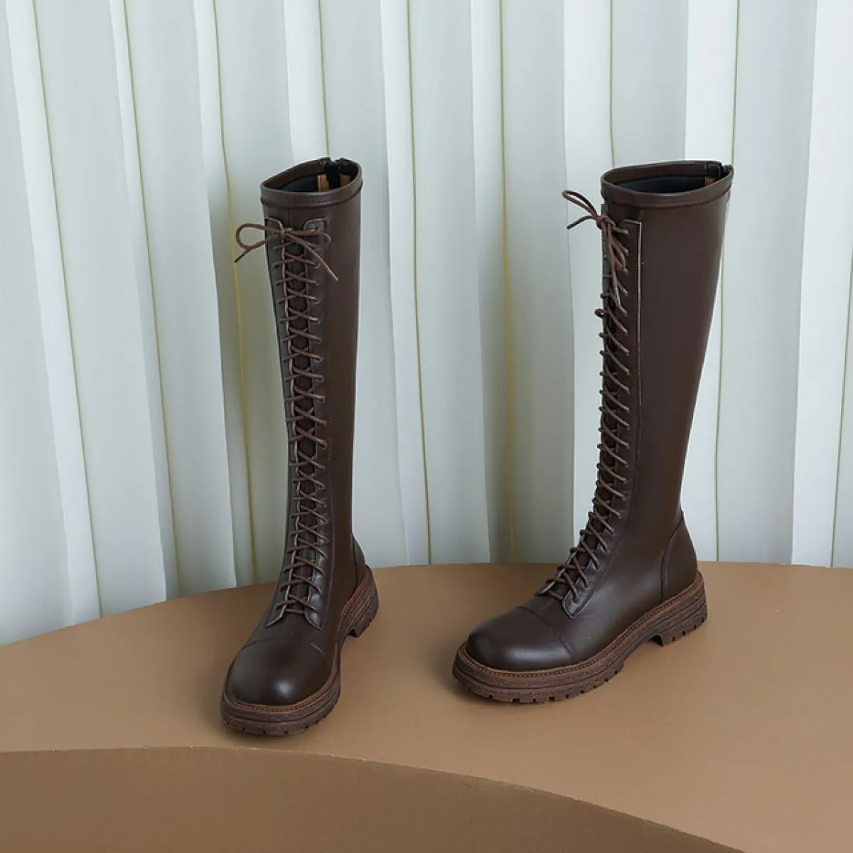 Stivali da moto in vera pelle Autunno Inverno Donna Stivali alti al ginocchio Piattaforme stringate moda Scarpe casual con tacco