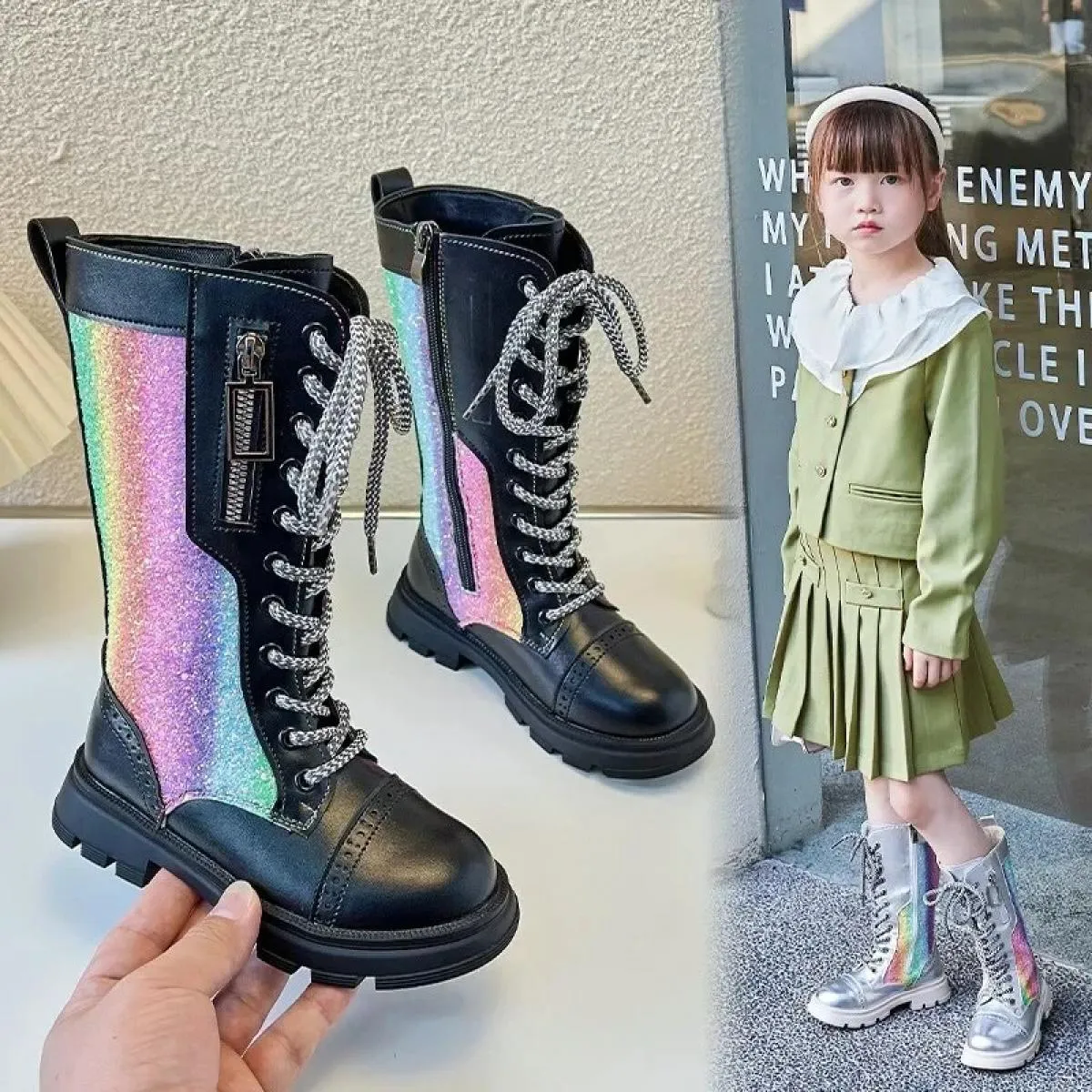 Stivali da ragazza 2024 Nuova moda argento lucido stivali alti per bambini bambino unico colorato scarpe da principessa bambini