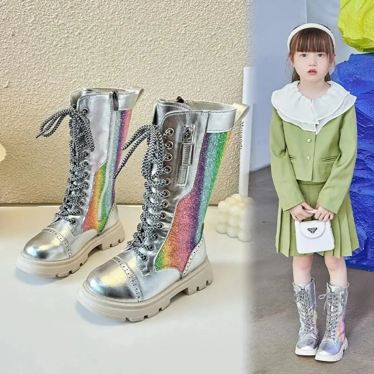 Stivali da ragazza 2024 Nuova moda argento lucido stivali alti per bambini bambino unico colorato scarpe da principessa bambini
