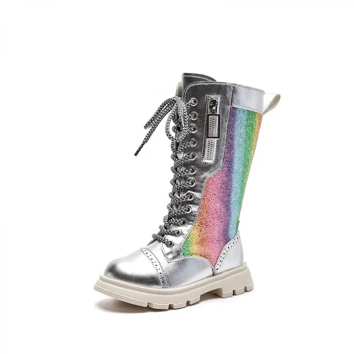 Stivali da ragazza 2024 Nuova moda argento lucido stivali alti per bambini bambino unico colorato scarpe da principessa bambini