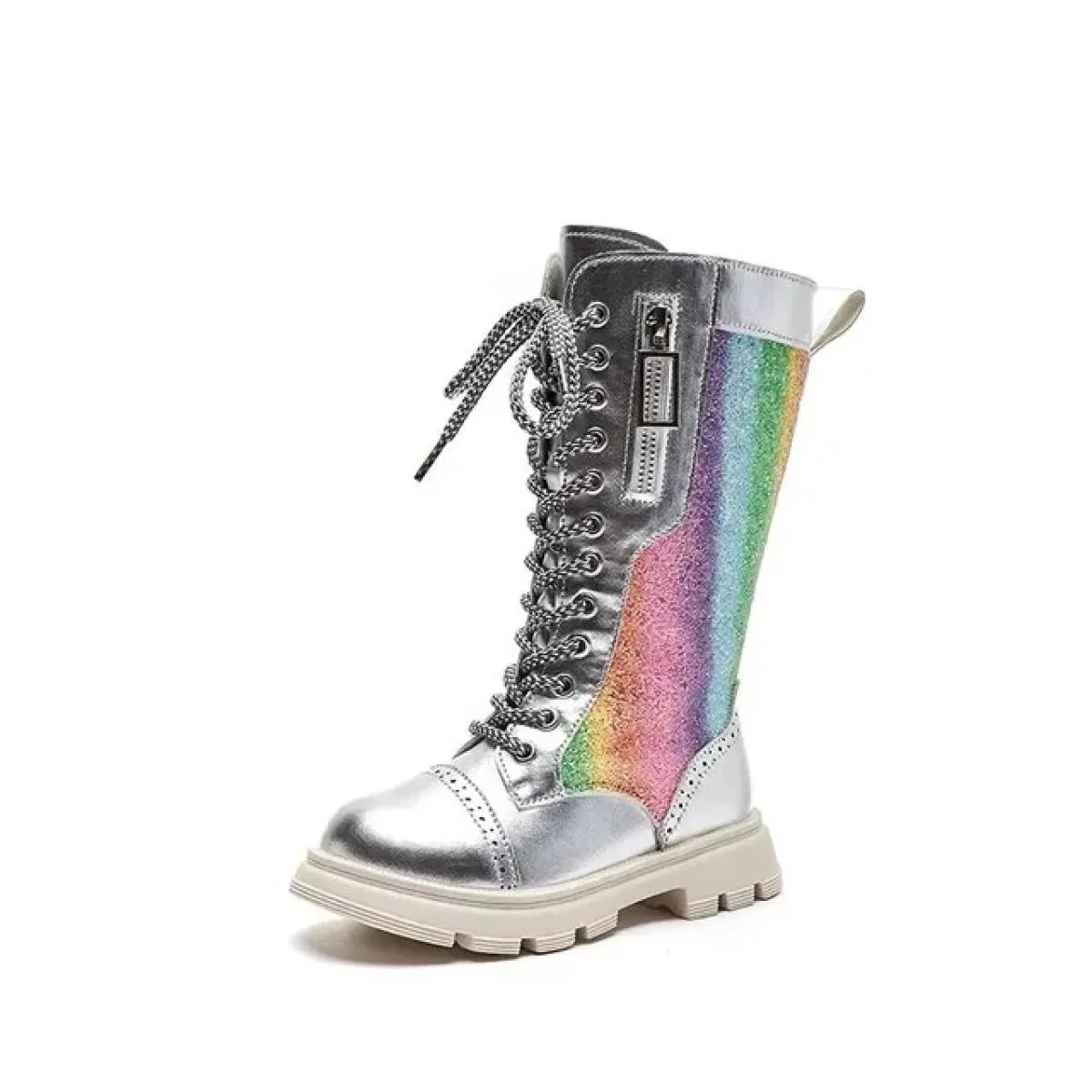 Stivali da ragazza 2024 Nuova moda argento lucido stivali alti per bambini bambino unico colorato scarpe da principessa bambini
