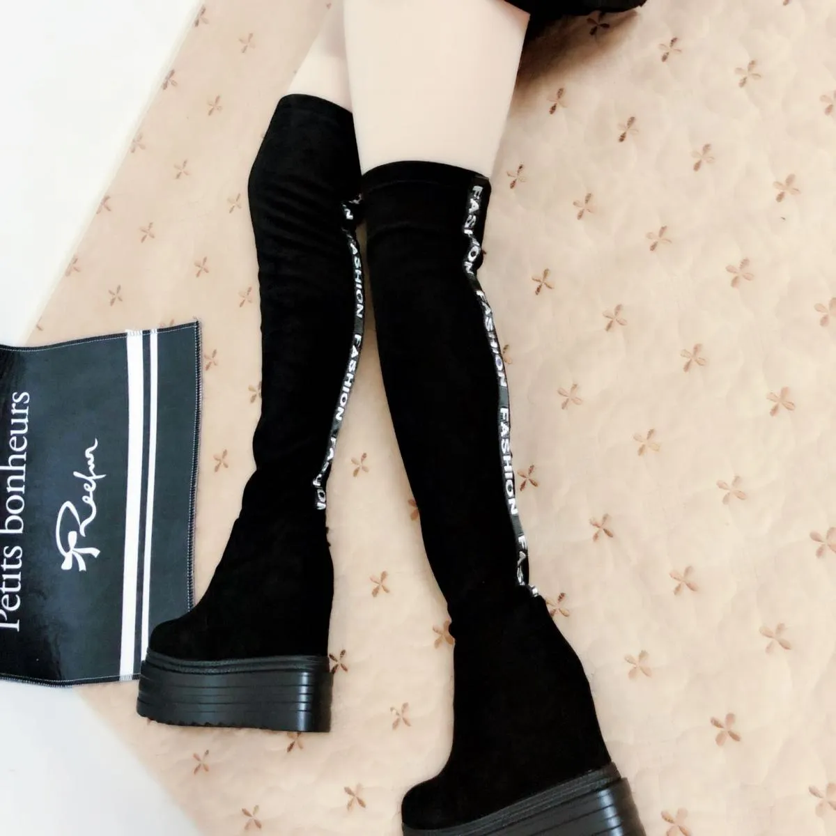 Stivali lunghi con tacco alto 13 cm Stivali sopra il ginocchio con zeppa Stivali alti con fondo spesso Tubo da stufa Bo da donna