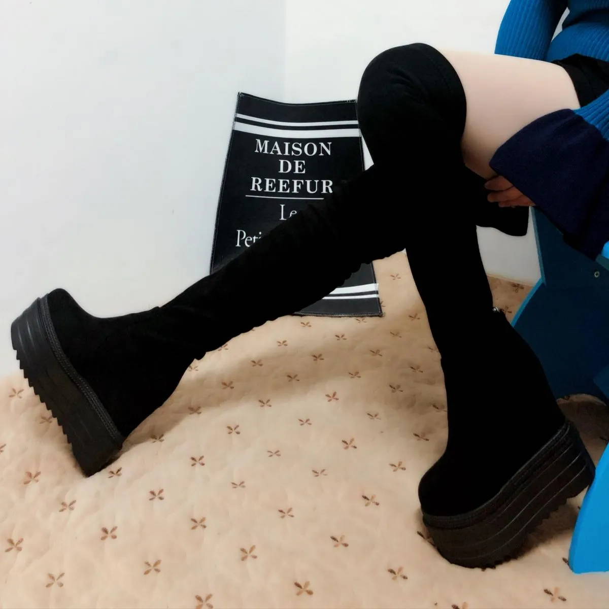 Stivali lunghi con tacco alto 13 cm Stivali sopra il ginocchio con zeppa Stivali alti con fondo spesso Tubo da stufa Bo da donna