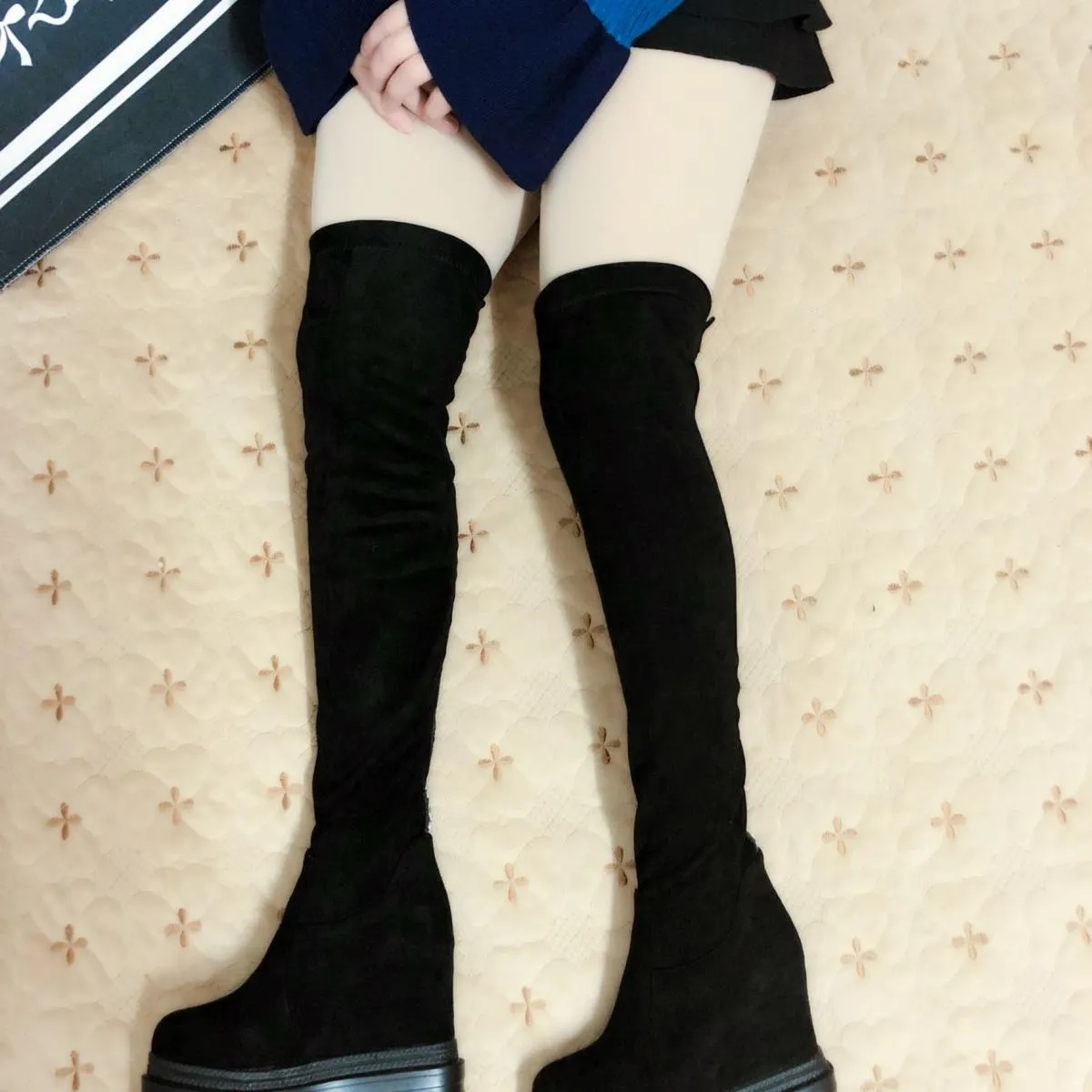 Stivali lunghi con tacco alto 13 cm Stivali sopra il ginocchio con zeppa Stivali alti con fondo spesso Tubo da stufa Bo da donna