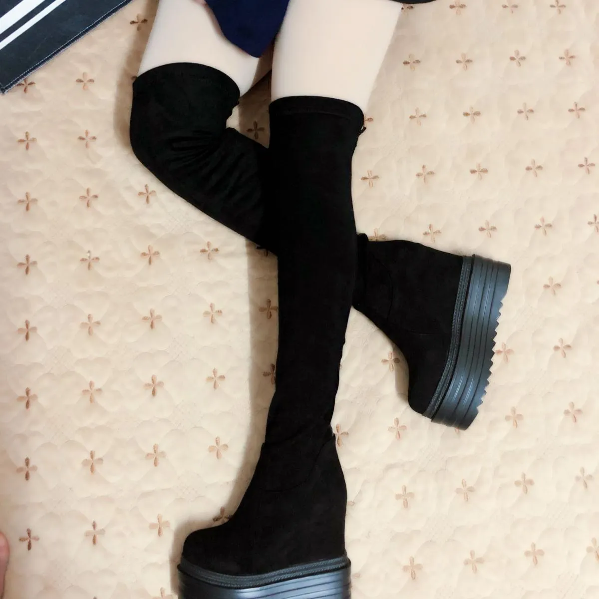 Stivali lunghi con tacco alto 13 cm Stivali sopra il ginocchio con zeppa Stivali alti con fondo spesso Tubo da stufa Bo da donna