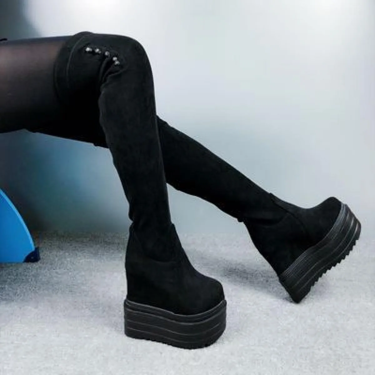 Stivali lunghi con tacco alto 13 cm Stivali sopra il ginocchio con zeppa Stivali alti con fondo spesso Tubo da stufa Bo da donna