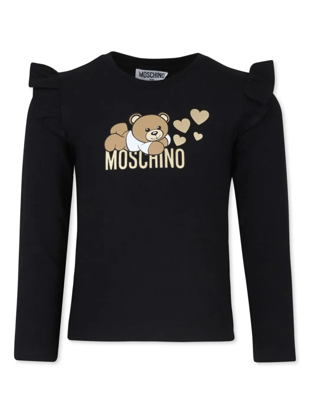 T-shirt per bambina Moschino Kids nero con ruches sulla spalla