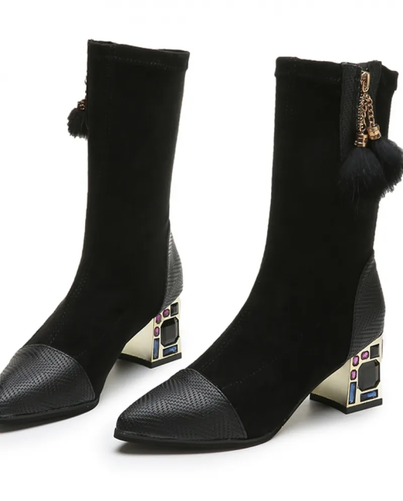 Tessuto elasticizzato Strass Tacchi Alti Inverno Pelle Scamosciata Stivali Da Donna 2022 Stivali A Punta Alla Caviglia Moda Donn