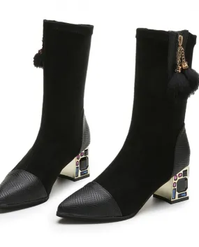 Tessuto elasticizzato Strass Tacchi Alti Inverno Pelle Scamosciata Stivali Da Donna 2022 Stivali A Punta Alla Caviglia Moda Donn
