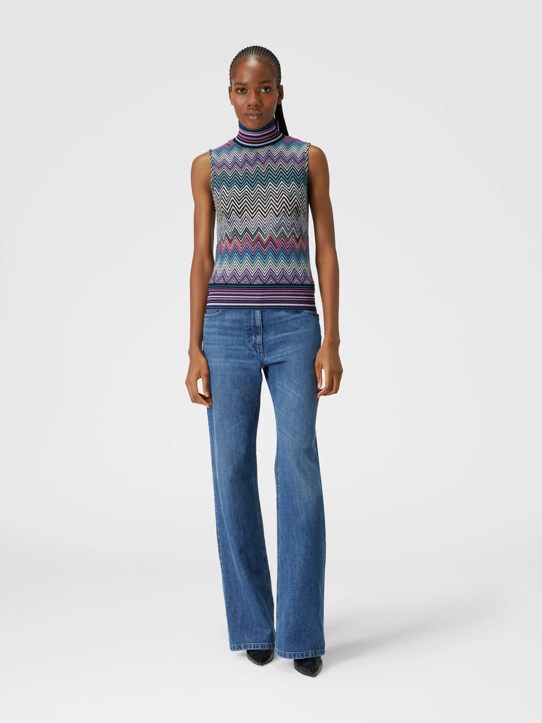 Top senza maniche a collo alto in lana zig zag