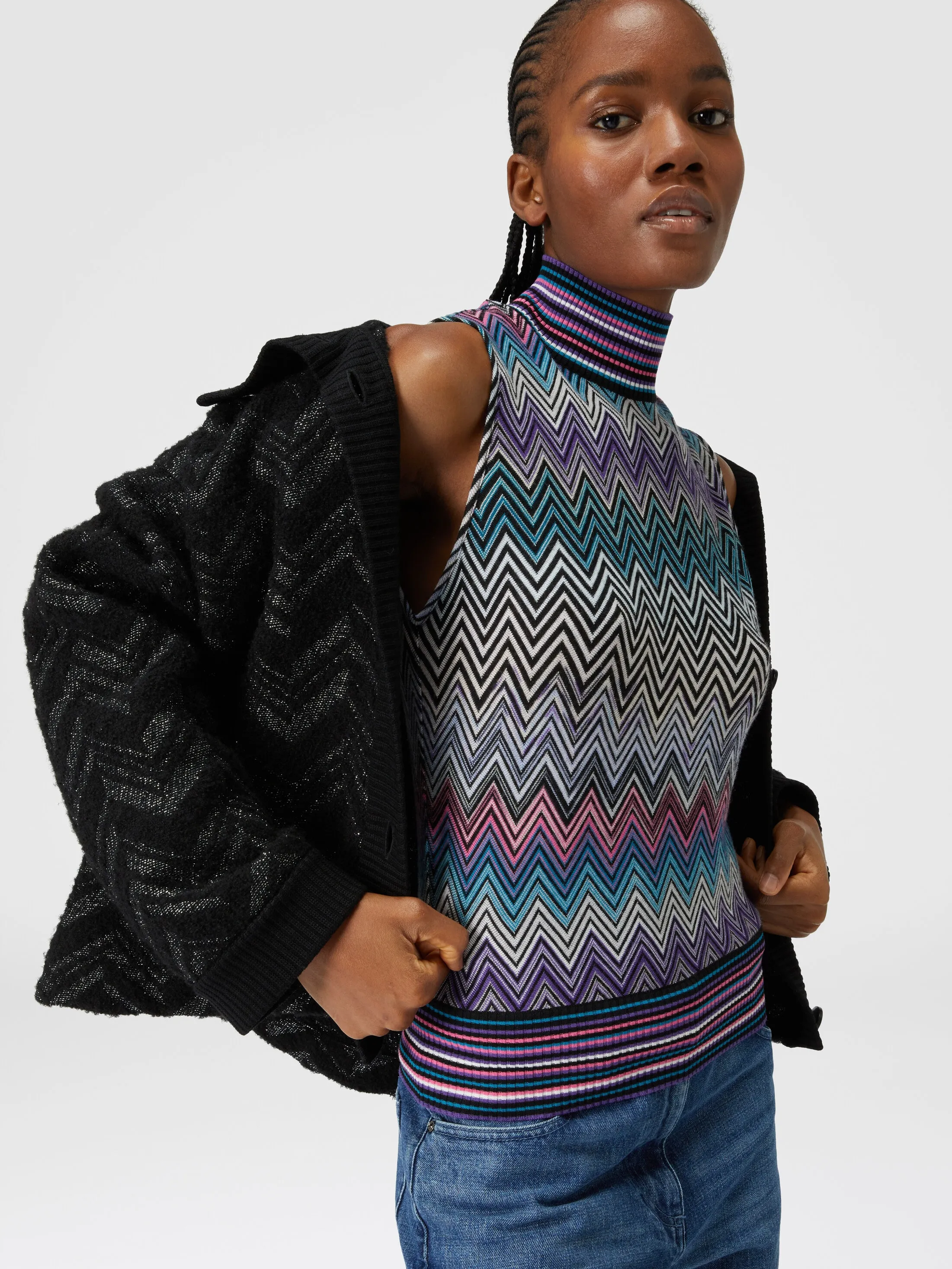 Top senza maniche a collo alto in lana zig zag